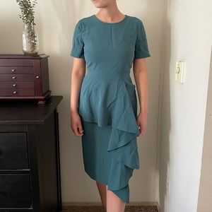 blue fitted dress with ruffles